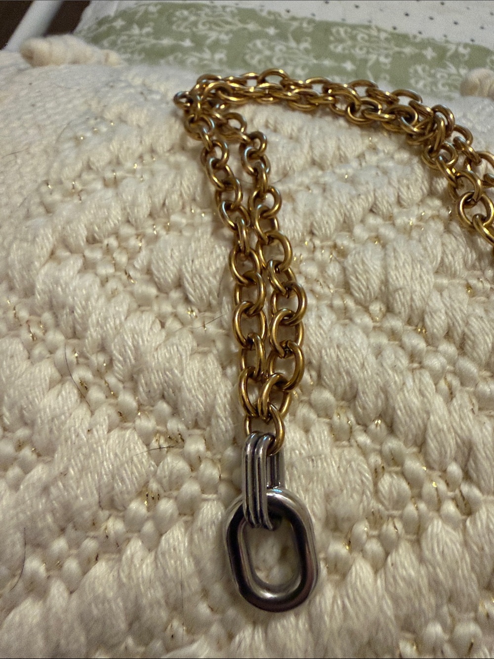 Gold-Tone Double Chain Necklace with Silver Oval Pendant